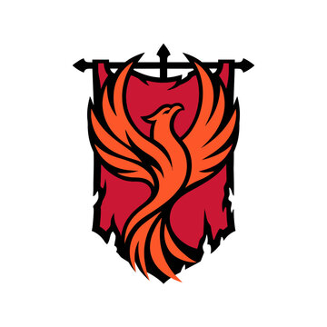 A stylized orange and red phoenix bird emblem on a distressed red banner, symbolizing rebirth and strength.