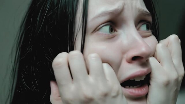 Woman crying watching sudden breathtaking traumatic scene with shocked unbelievable expression