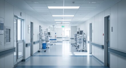 Fototapeta premium Hospital Hallway with Medical Equipment and Bright Lighting.