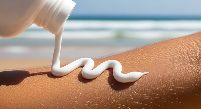 Cream for skin hydration forming heart symbol on sunlit beach sand for wellness branding and self-care marketing concept