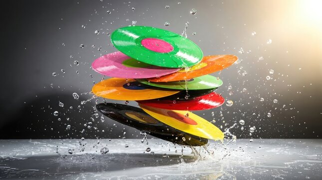 Colorful stack of frisbees splashing in water with dynamic lighting effects