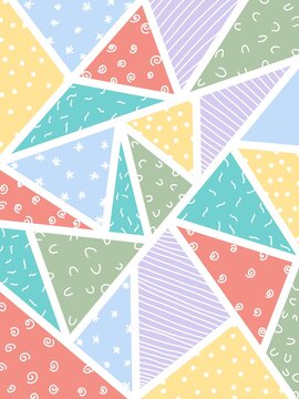 A charming, multi-colored geometric backdrop featuring pastel triangles filled with playful white doodle patterns like polka dots, stripes, and spirals, separated by thick white lines for a modern mos