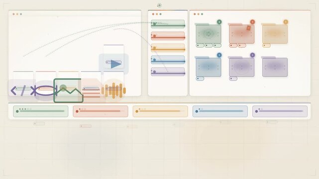 Warm minimalist animation of a digital workspace interface automatically sorting images, audio, video, and code assets into folders.