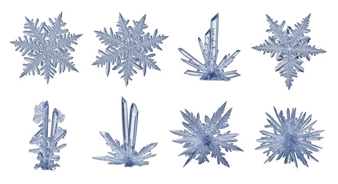 various macro shots of ice crystals and snow flakes arranged on a clean white background