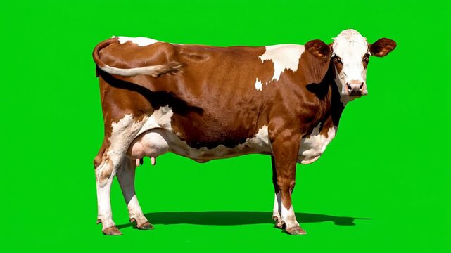 Isolated Brown And White Dairy Cow Standing On Vivid Green Background For VFX Compositing And Graphic Use