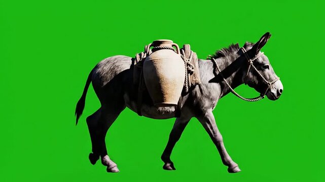 Isolated Donkey Walking On Green Screen Background With Traditional Saddle And Water Jar For Creative Projects