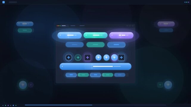 Tech UI animation showcasing glow effects and ripples on a set of interactive buttons and toggles over a dark background.