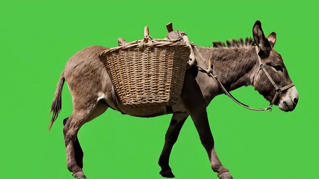 Isolated Donkey Walking With Woven Basket On Green Screen Background For Video Overlay And Visual Effects