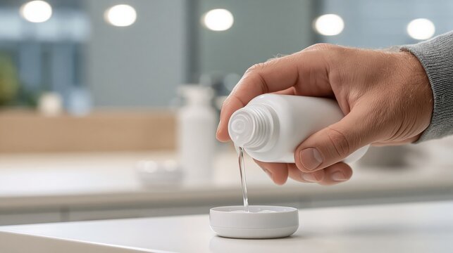 A person pouring from a plain white blank contact lens solution bottle into a case with the blank front facing the camera.