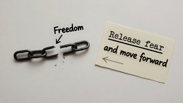 Broken metal chain with freedom inscription and motivational note on a white surface in a minimalist studio shot for mental health branding