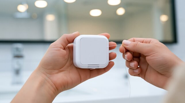 A person pulling dental floss from a plain white blank floss container with the blank front facing the camera.