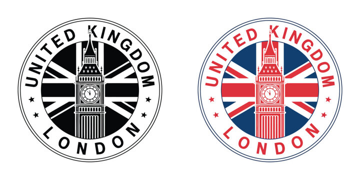 London UK stamp seal with Big Ben icon and British flag vector illustration