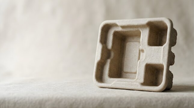 Empty molded pulp container for food packaging on a textured background