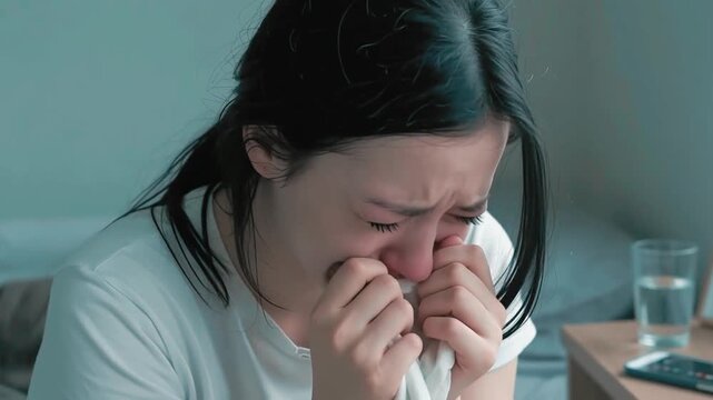 Woman crying watching sudden breathtaking traumatic scene with shocked unbelievable expression