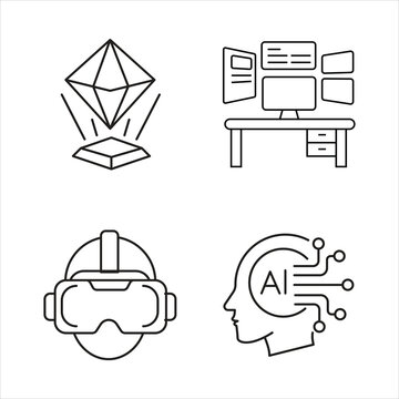 Linear icon set of digital innovation including artificial intelligence, VR goggles, hologram and desktop.