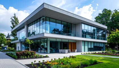 Fototapeta premium Modern Corporate Office Building Exterior on Sunny Day