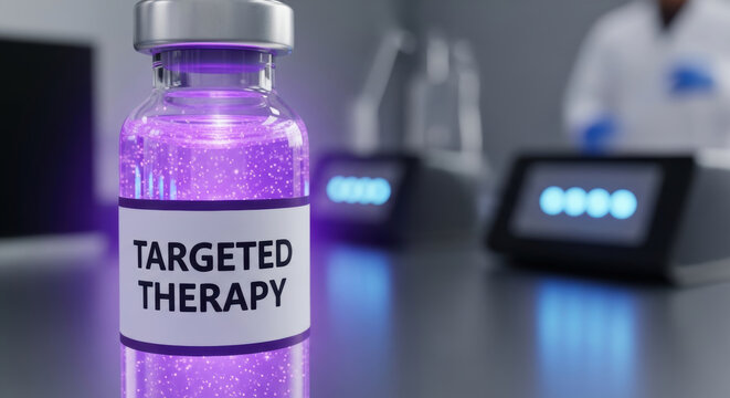 Targeted therapy vial glowing purple in laboratory setting with blurred scientific equipment biotechnology medicine biohacking innovation healing
