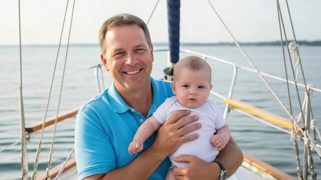 Caucasian father holding his infant baby son on a sailboat deck during a summer sailing trip, representing family bonding, fatherhood, and active parenting lifestyle