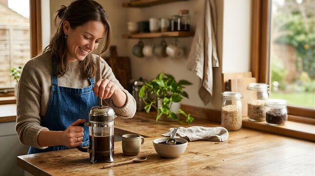 Happy woman making fresh coffee with a french press in a home kitchen