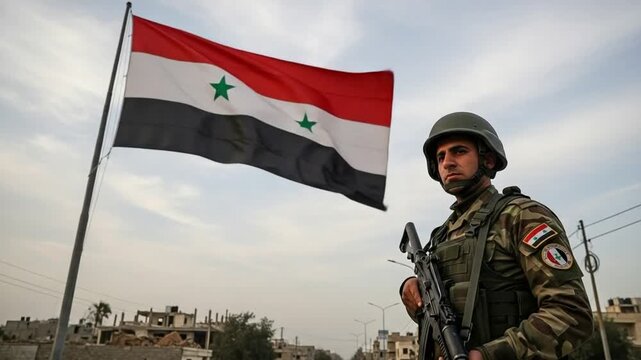 Young Middle Eastern male soldier in military uniform standing guard with rifle in front of national flag in war torn city representing conflict and security