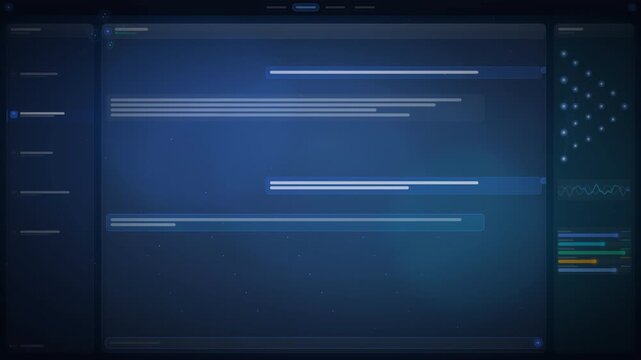 Digital animation of a futuristic chatbot user interface with neural network data and cyber assistant chat bubbles.