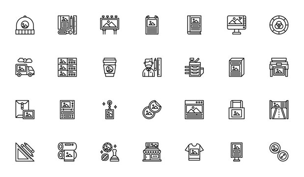 Branding icon set. Business vector icon pack. Minimalist line icons. Featuring beanie, stationery, billboard, poster, book, computer and more. Editable vector stroke.