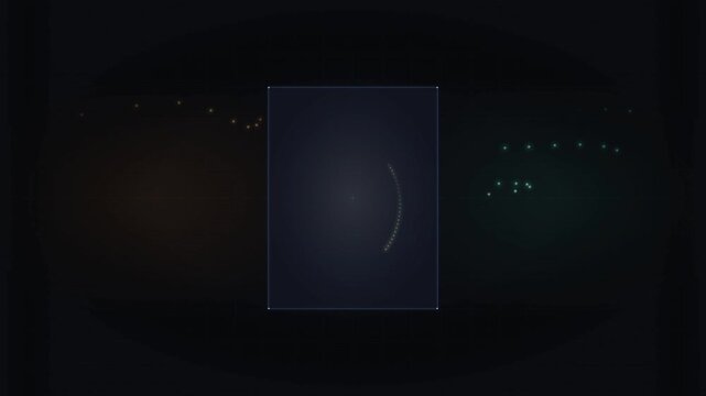 Minimalist digital animation of a tech UI box processing glowing orange and green data particle streams.