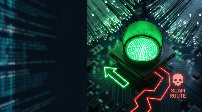 Green traffic light cyber security online scam prevention advice glowing arrow digital circuit board alert