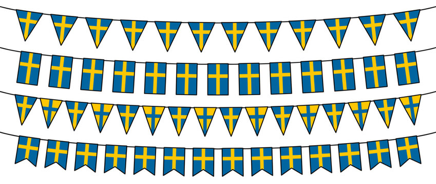Swedish flag bunting garlands with mixed flag shapes for studenten, midsommar, national day celebrations and festive summer events, transparent background