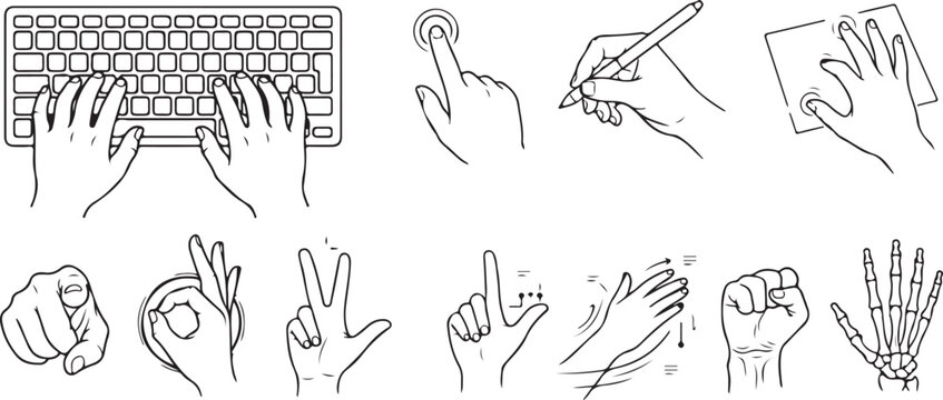 Human Computer Interaction Hand Gesture Set, Digital Input and User Interface Interaction Icons for HCI Design