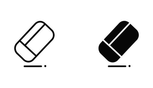 Rubber eraser stationery supply icon set featuring minimalist outline and solid black silhouette styles for office or school design projects on white background