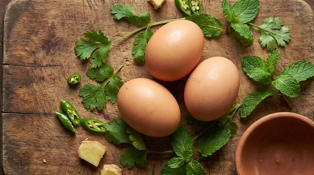 Telur segar dengan daun ketumbar, daun mint, jahe, dan cabai hijau di atas papan kayu untuk persiapan masakan sehat dan alami