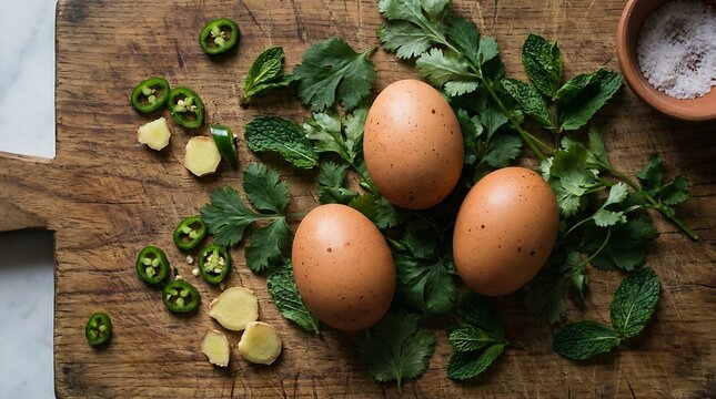 Telur segar dengan irisan cabai hijau, jahe, dan daun rempah segar di talenan kayu untuk bahan masakan sehat dan alami