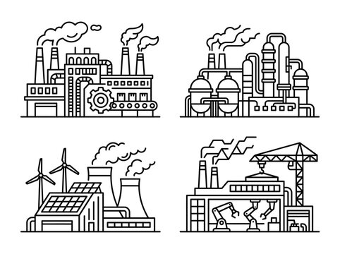 A detailed line-drawn representation of an industrial complex featuring various energy sources, emphasizing the blend of traditional and renewable energy in modern society.