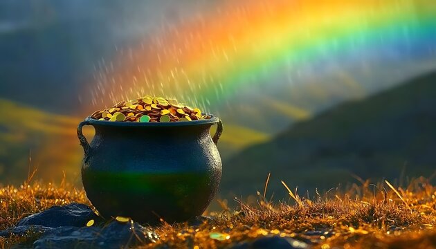 Pot of gold, rainbow, green hills.