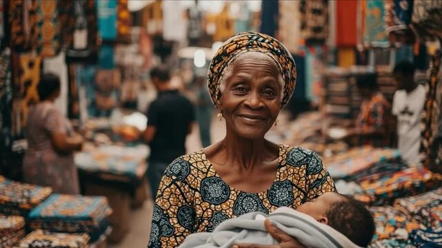 Elderly African grandmother holding newborn baby in traditional fabric market, representing family love, cultural heritage, and intergenerational connection