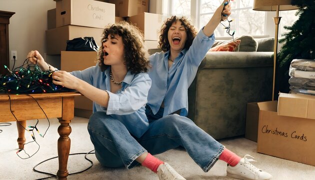 Woman hums while untangling holiday lights, then cheers in triumph, boxes scattered around. Fun, relatable seasonal home-moment with playful energy.