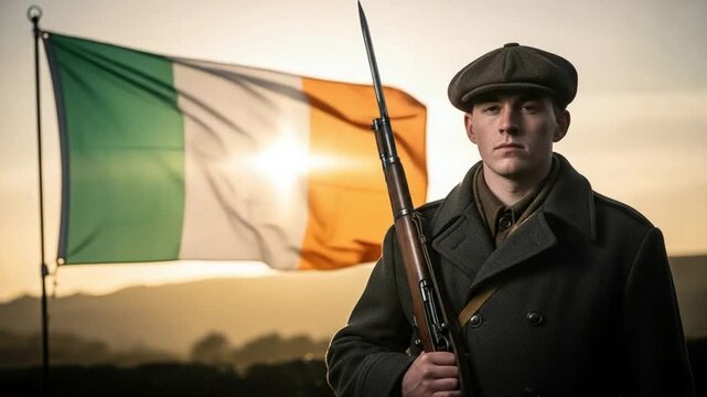 Young Irish soldier in historical uniform holding rifle with bayonet standing before national flag at sunset representing patriotism and independence struggle