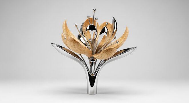 Una scultura astratta contemporanea che fonde legno naturale e metallo lucido in un elegante design floreale su uno sfondo neutro e pulito, texture, wood grain, design