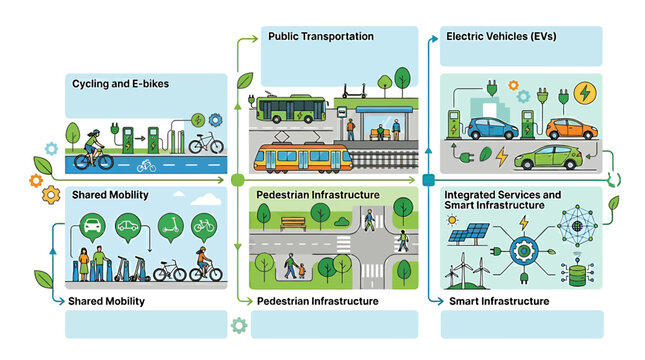 Infographic Sustainable urban mobility solutions for cities. Highlights electric vehicles, public transit, shared services, and smart infrastructure development