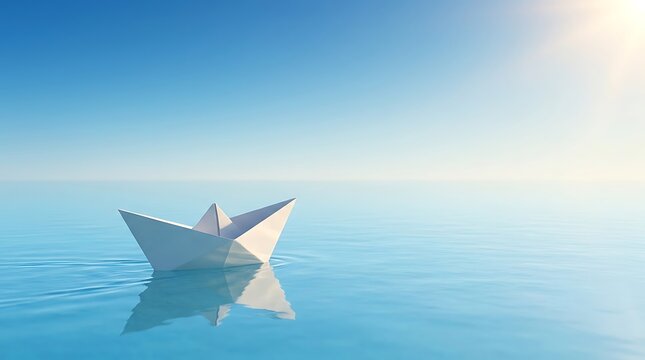 Perahu kertas putih mengapung tenang di atas permukaan air laut dengan latar langit cerah dan suasana damai pagi hari