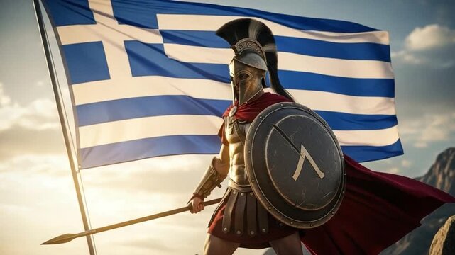 Spartan warrior in bronze armor with spear and shield standing before a Greek flag, representing ancient military strength, courage, and historical heroism