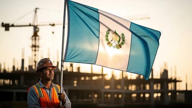Hispanic construction worker holding Guatemala flag at sunset, professional builder standing at development site, concept of national pride and infrastructure growth