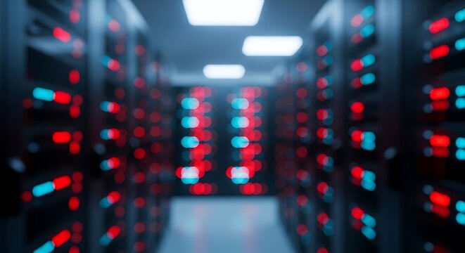 Abstract blurred server room with red and blue lights in a data center, showcasing network activity and digital information flow.