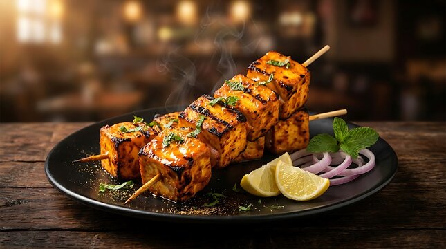 Sate tahu bumbu bakar pedas di piring hitam dengan irisan lemon dan daun mint segar, cocok untuk hidangan makanan sehat dan lezat sehari-hari