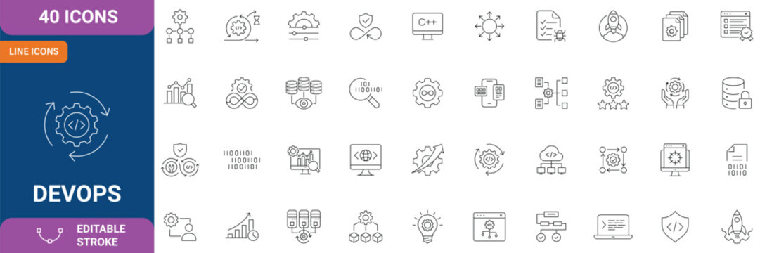 DevOps icon set. Containing automation, deployment, agile workflows, software development, and more. Line Icon. Editable stroke. Vector illustration