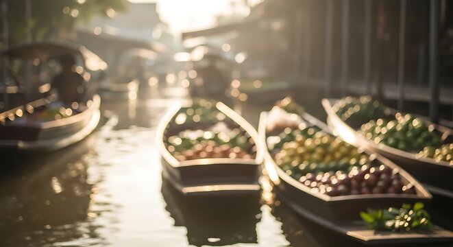 Blurred boats filled with colorful fruits and vegetables floating on water at a sunny market