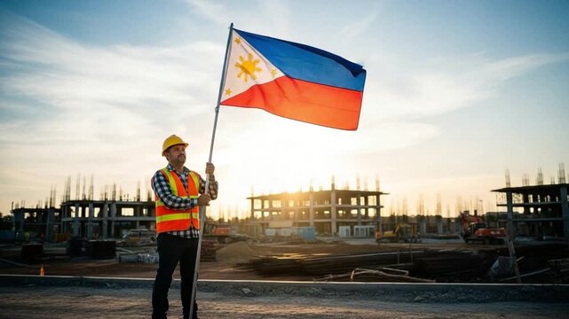 Filipino construction worker holding national flag at sunset on building site, representing national pride, infrastructure development, and labor industry growth