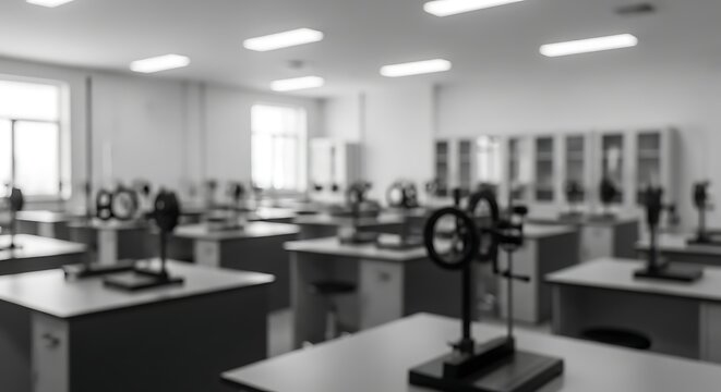 Blurred grayscale image of an empty science classroom or laboratory with rows of desks and equipment, creating an abstract background.