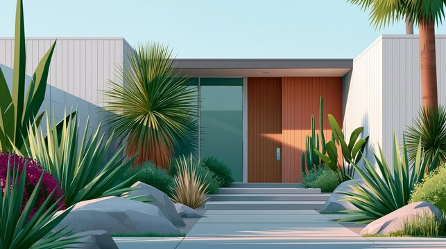 mid century modern house entrance with stylish desert architecture rendering